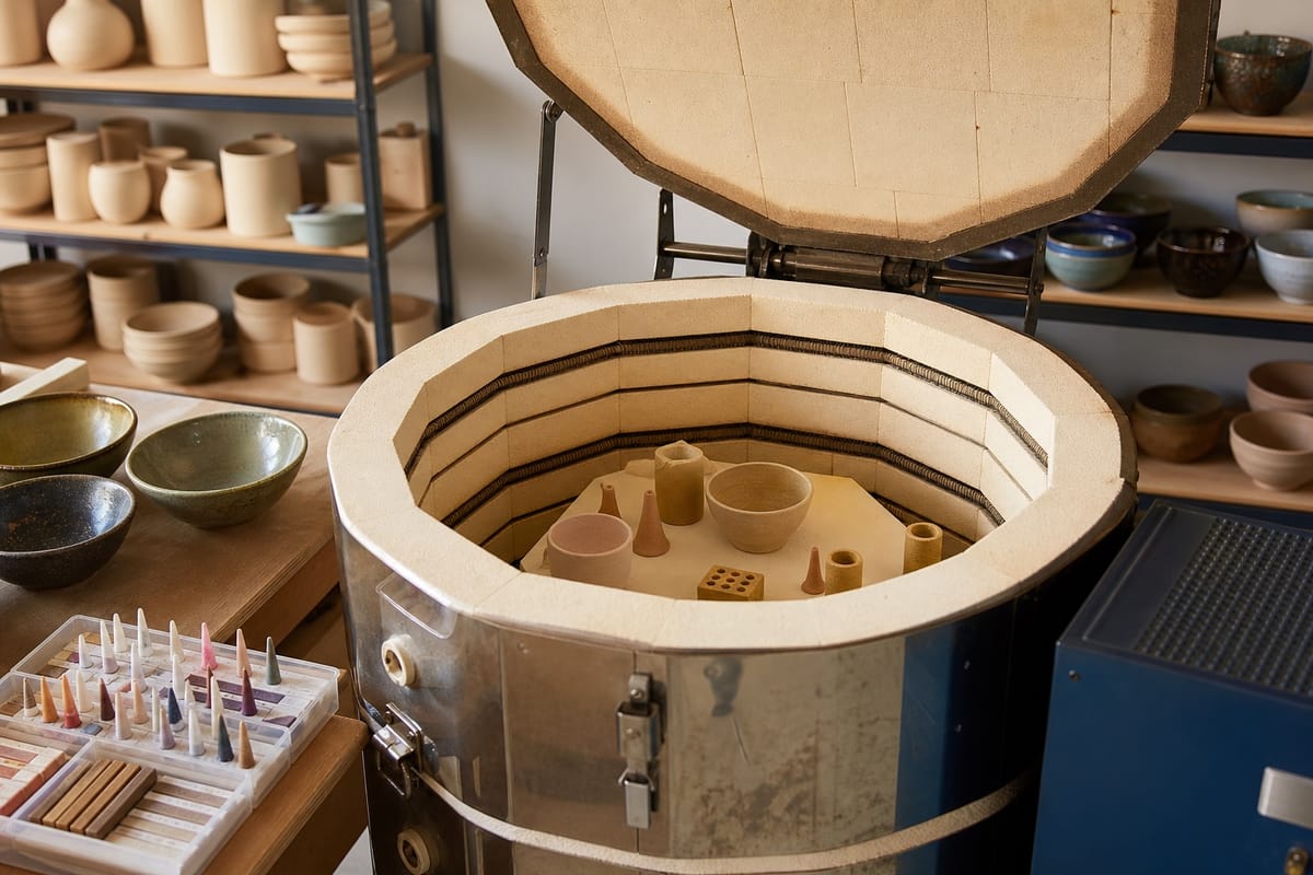 Open ceramic kiln with pottery and cone packs in a clean studio
