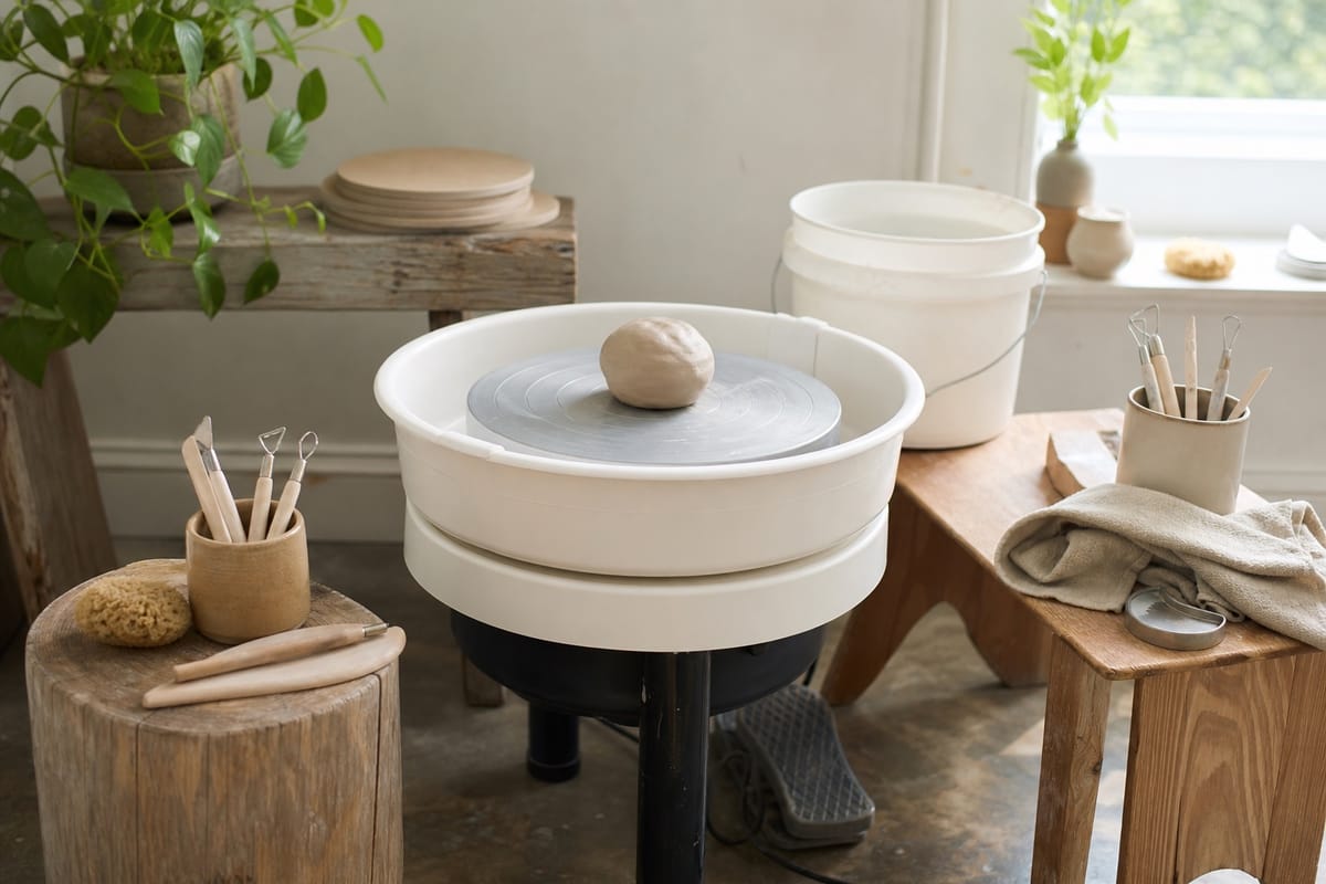 Electric pottery wheel with clay and beginner tools in a bright home studio