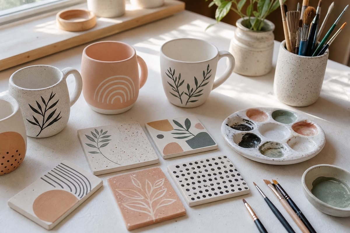 Painted ceramic mugs and tiles with botanical, speckled, geometric, and color-blocked pottery painting ideas