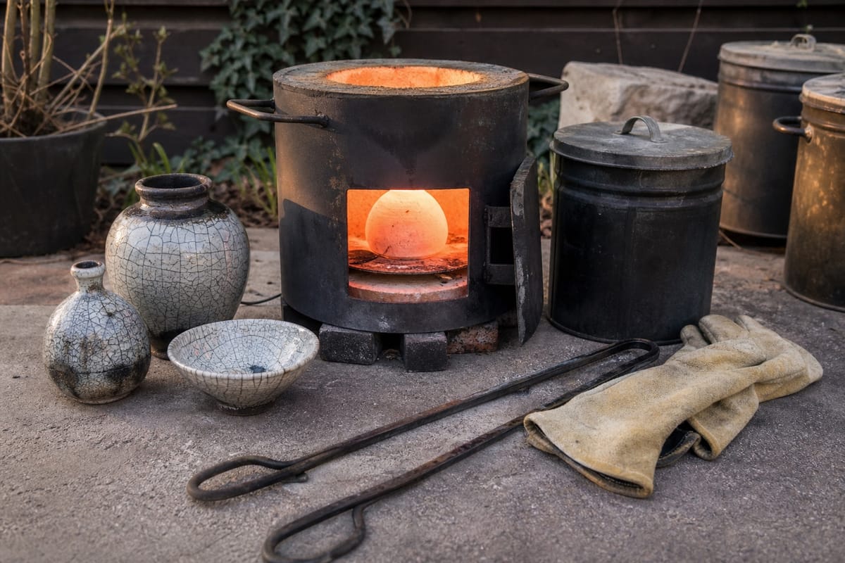Outdoor raku firing setup with kiln, tongs, gloves, reduction containers, and crackle-glazed pottery.