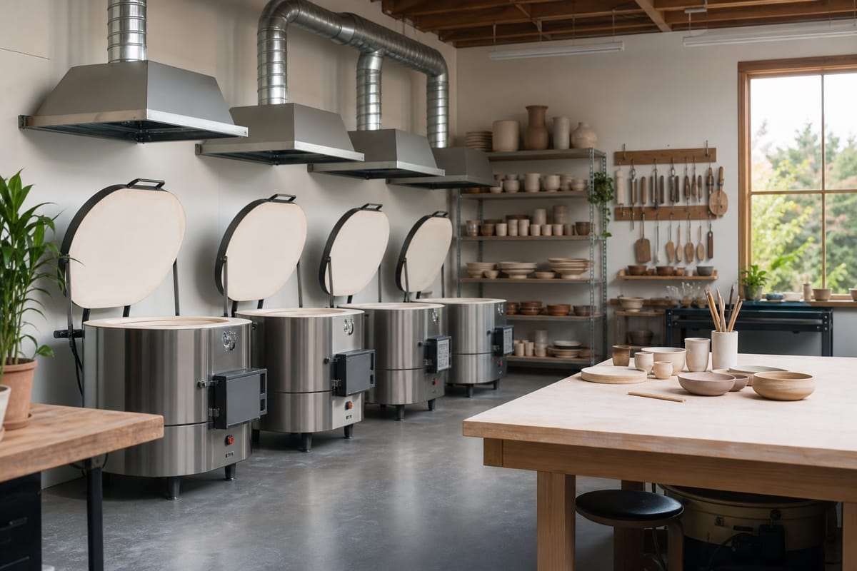 Modern pottery studio with several electric kilns, bisque ware shelves, clay tools, and ventilation