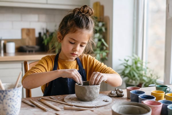 Child shaping clay during a beginner pottery project