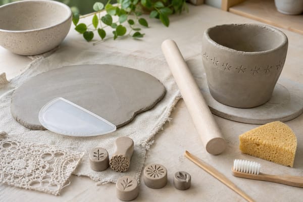 Homemade pottery tools including a plastic rib, clay stamps, sponge, dowel roller, and texture materials on a clay work surface.