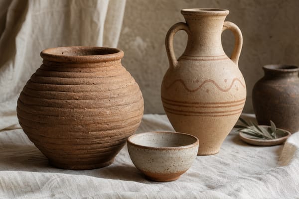 Handmade pottery vessels inspired by ancient ceramic forms on a neutral studio surface.