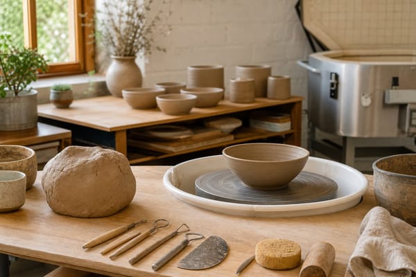 Pottery studio workbench with clay, tools, bowls, wheel, and kiln