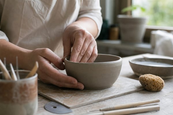 Hands shaping a small clay bowl in a calm pottery studio.