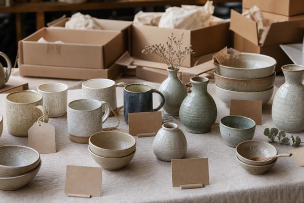 Handmade ceramic mugs, bowls, and vases arranged for sale with shipping boxes nearby