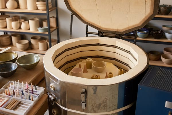 Open ceramic kiln with pottery and cone packs in a clean studio