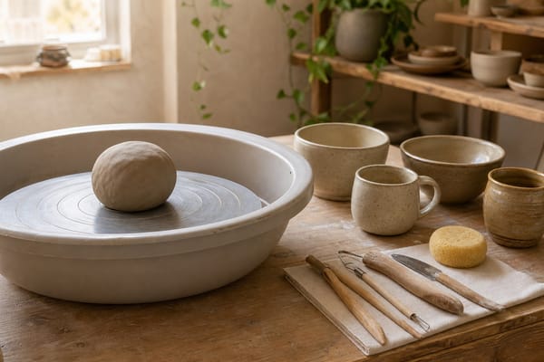 Beginner pottery studio setup with clay wheel, tools, and handmade bowls.