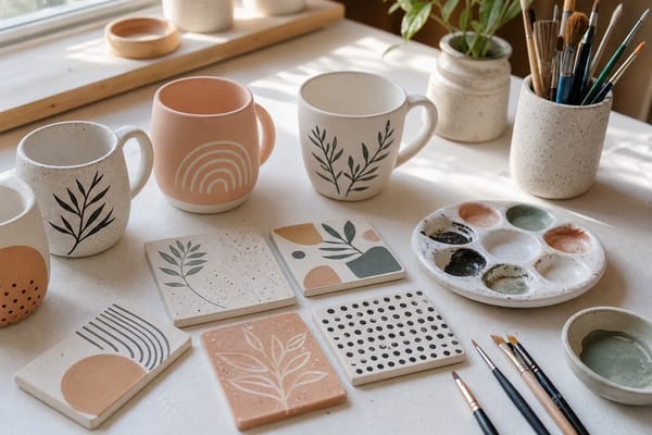 Painted ceramic mugs and tiles with botanical, speckled, geometric, and color-blocked pottery painting ideas
