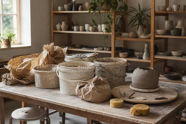 An eco-conscious pottery studio with reclaimed clay buckets, reusable packing paper, hand tools, and finished ceramics