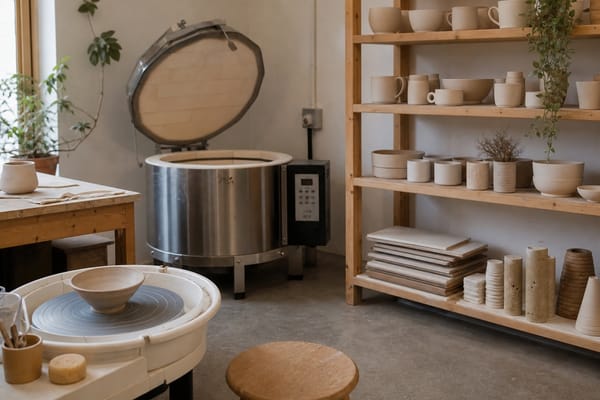 Home pottery studio with a compact electric kiln
