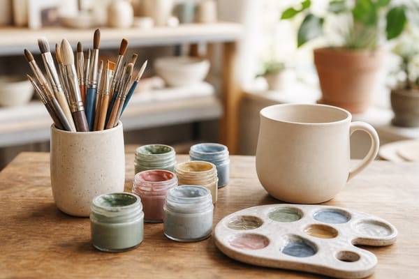 Paint brushes and ceramic paint supplies on a studio table