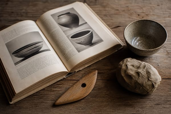 A well-worn pottery book open on a wooden table next to a handmade ceramic bowl and raw clay