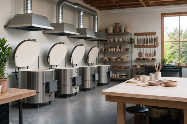 Modern pottery studio with several electric kilns, bisque ware shelves, clay tools, and ventilation