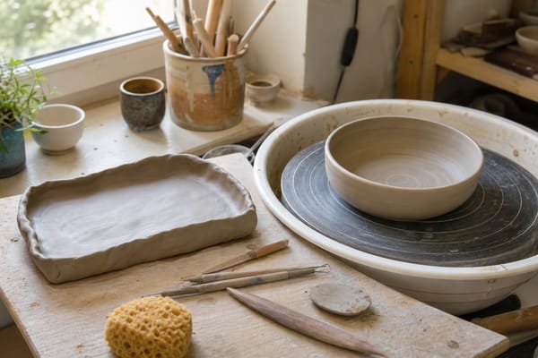 A beginner pottery studio with a hand-built clay tray beside a thrown bowl on a pottery wheel