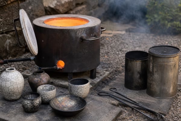 Outdoor raku firing setup with kiln, crackle pottery, tongs, and reduction cans