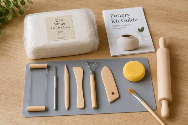A beginner pottery kit laid out on a wooden table with air-dry clay, wooden sculpting tools, paints, brushes, a sponge, and a small instruction booklet.
